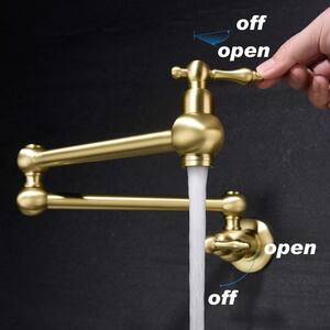 Antique Double Handle Wall Mount Pot Filler with Solid Brass Instruction in Brushed Gold