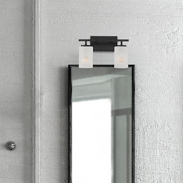 Designers Fountain Carmine 14 in. 2-Light Matte Black Modern Vanity Light with Etched Glass Shades