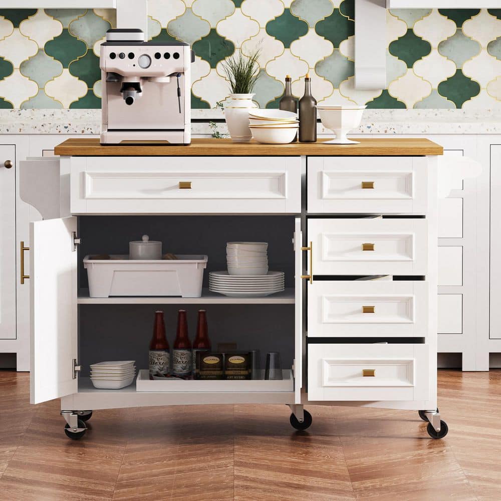White Oak Kitchen Cart with Drop Leaf and Towel Rack