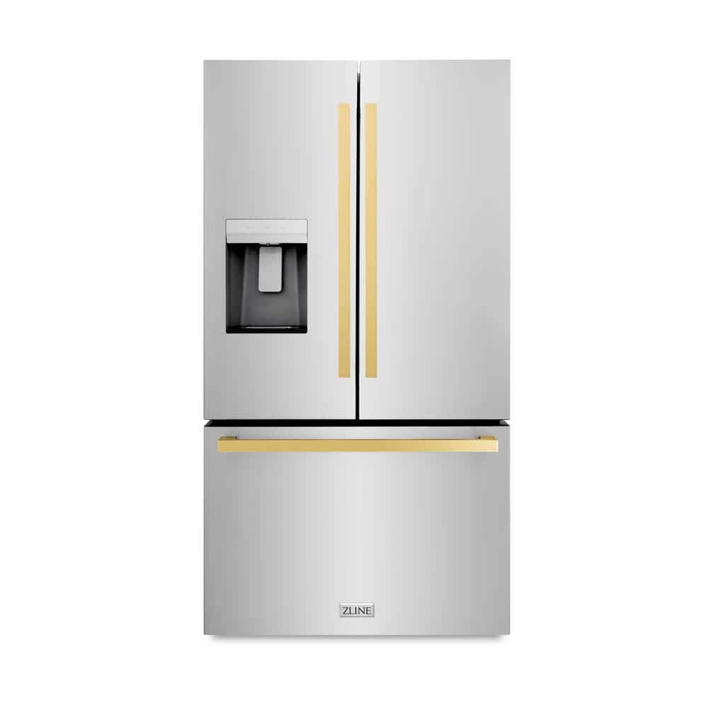 36 in. 3-Door French Door Refrigerator w/Dual Ice Maker in Fingerprint Resistant Stainless Steel & Square Polished Gold
