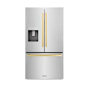 36 in. 3-Door French Door Refrigerator w/Dual Ice Maker in Fingerprint Resistant Stainless Steel & Square Polished Gold