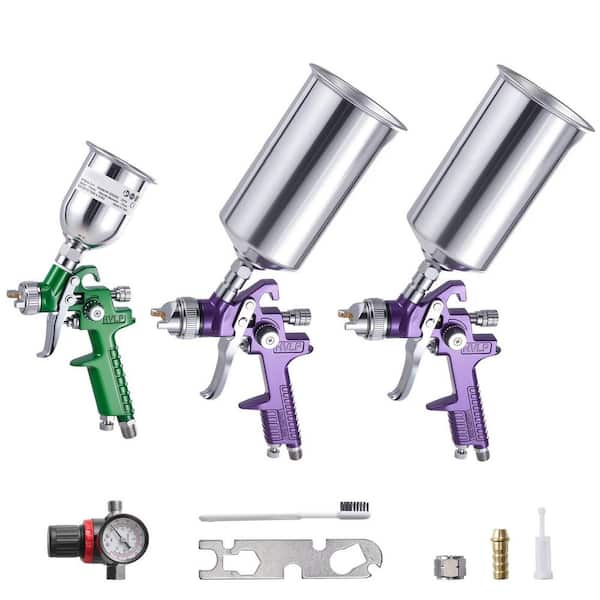 3-Piece Air Spray Gun Kit Professional Auto Paint Spray Gun Set with 3 Nozzles (1/1.4/1. 8mm) 3 Cups and Air Regulator
