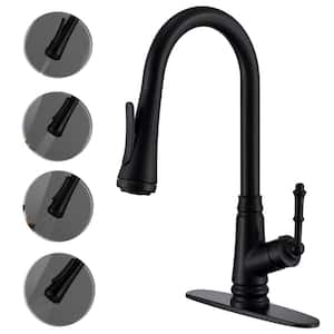 Single Handle Pull Down Sprayer Kitchen Faucet with Deck Plate 4-Modes in Matte Black