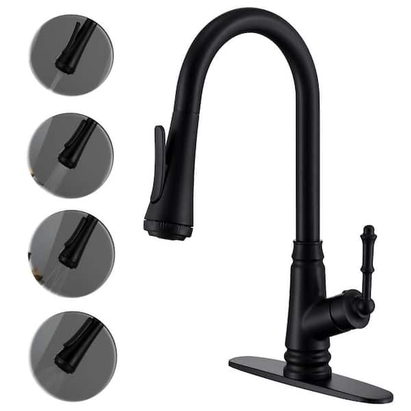 ELLO&ALLO Single Handle Pull Down Sprayer Kitchen Faucet with Deck Plate 4-Modes in Matte Black