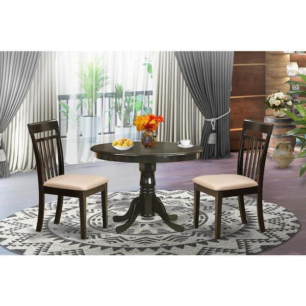 East West Furniture 3-Piece Round Cappuccino Finish Solid Wood Top Dining Table with 2 Chairs with Lattice Back