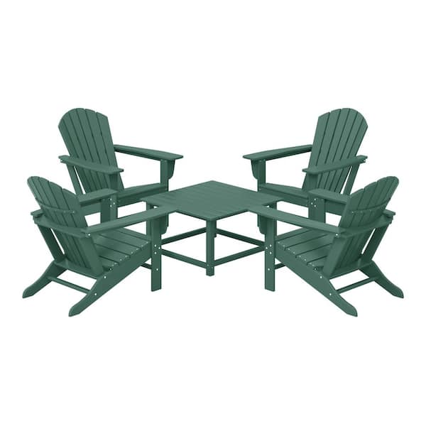 WESTIN OUTDOOR Altura Fade Resistant HDPE Plastic Dark Green 5PC Adirondack Chair Outdoor Patio Conversation Set, Square Coffee Table