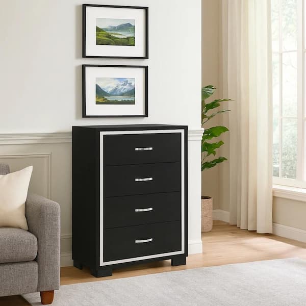 black and silver dresser and nightstand 2 Piece Bedroom Set, Rioja 4 Drawer Dresser Omaha Nightstand, Black Full Black 2 Piece Set Particle Board Particle Board