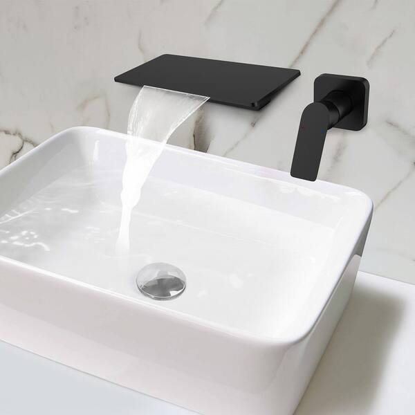 Single Handle Wall Mounted Faucet, Waterfall Wall Mount Matte Black Single Handle Bathroom Sink Faucet