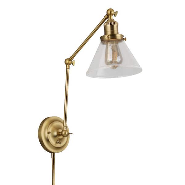 Cavell 1-Light Satin Gold Plug-In Swing Arm Wall Lamp with Clear Glass Shade and 6 ft. Cord