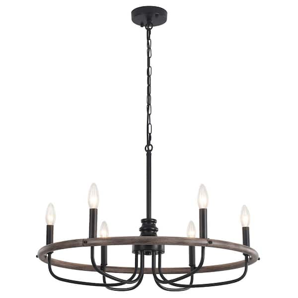 6-Light Brown/Black Dimmable Candle Style Round Wagon Wheel Chandelier for Kitchen Island with no bulbs included