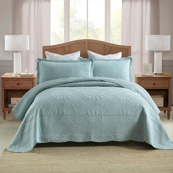 TF51 Angel Blue Embroidery King Size Cotton Lightweight Quilt Bedspread Set