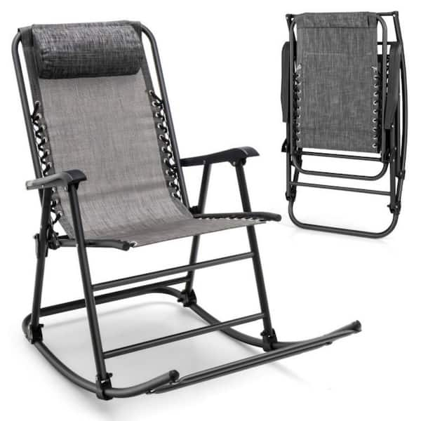 Clihome Metal Outdoor Rocking Chair Patio Camping Lightweight Folding Chairing Gray with Footrest