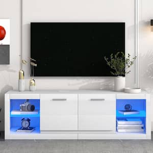 61 in. White TV Stand Entertainment Center Fits TVs up to 70 in. with Tempered Glass Shelves and 16-Color LED Lights