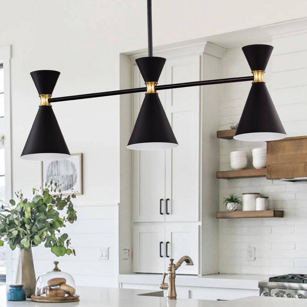 Modern Hourglass 3-Light Island Pendant in Black with Brass Accents