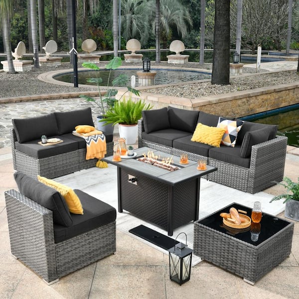 HOOOWOOO Messi Gray 8-Piece Wicker Outdoor Patio Conversation Sectional Sofa Set with a Metal Fire Pit and Black Cushions