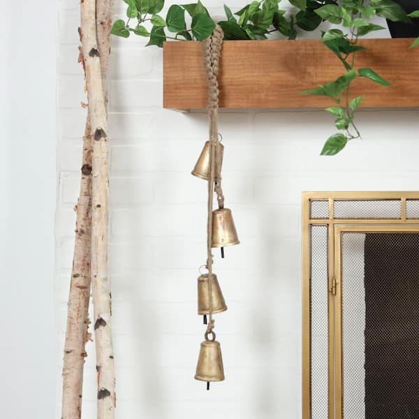 Litton Lane Gold Metal Tibetan Inspired Conical Decorative Bell with Jute Hanging Rope