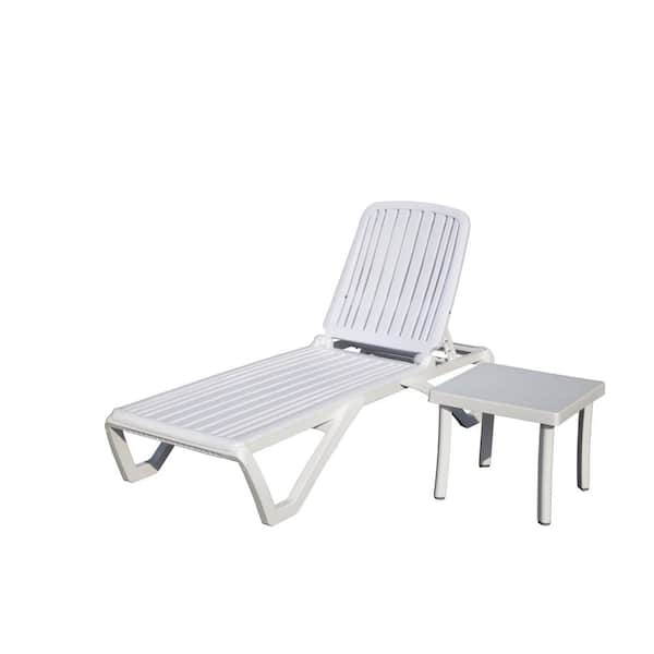 Adjustable Backrest Outdoor Chaise Lounge with Table in White