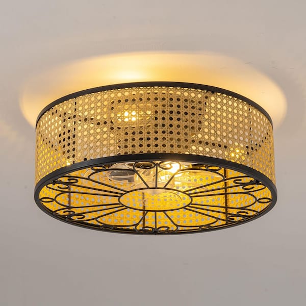 WDETR 20 in. Indoor Black Boho Caged Ceiling Fan with Lights and Remote Control, Low Profile Flush Mount Ceiling Fan