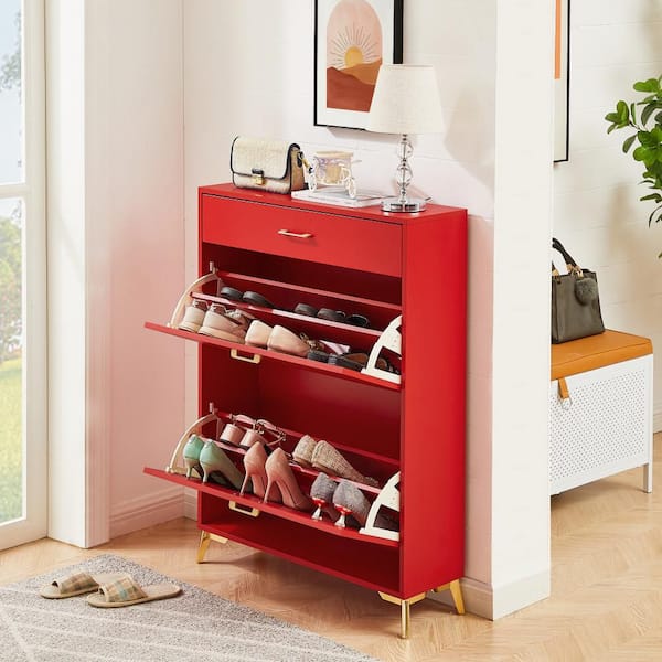 43 in. H x 32 in. W Red Shoe Storage Cabinet, Freestanding Shoe Rack with 2-Flip Drawers and Metal Legs, Hallway/Closet