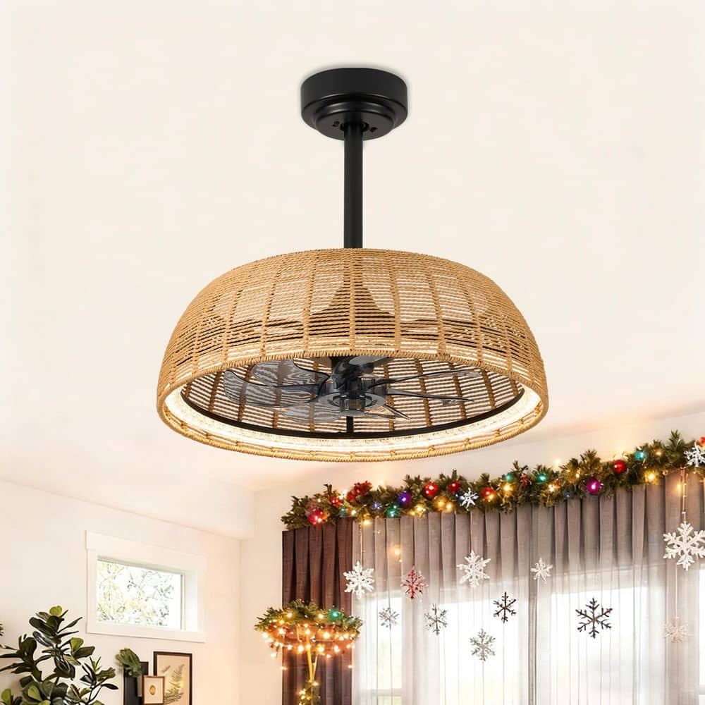 20 in. Indoor Boho Brown Rattan Caged Ceiling Fan with LED Light and Remote Downrod Scandi Dimmable Reversible Fandelier price history on PriceWatchPro