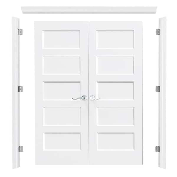 60 in. x 80 in.5-Panel White Hollow Core Composite Universal Assembly Required Prehung French Door with Frame and Handle