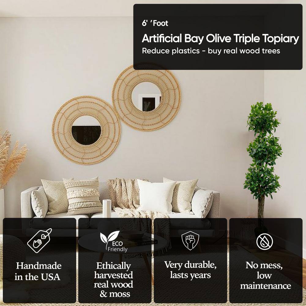 6' Artificial Bay Olive Triple Topiary Tree in Black Plastic Pot