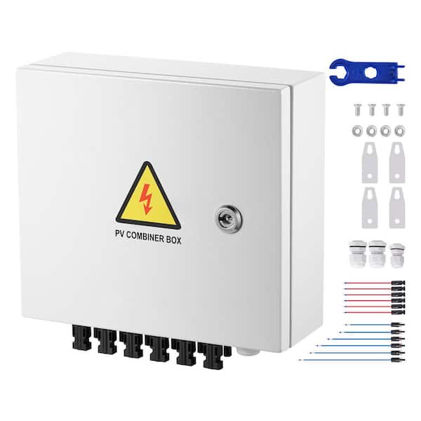 6-String PV Combiner Box, 15 Amp Fuse, 125 Amp Breaker, Lightning Arrester and Solar Connector, Steel Case, IP65