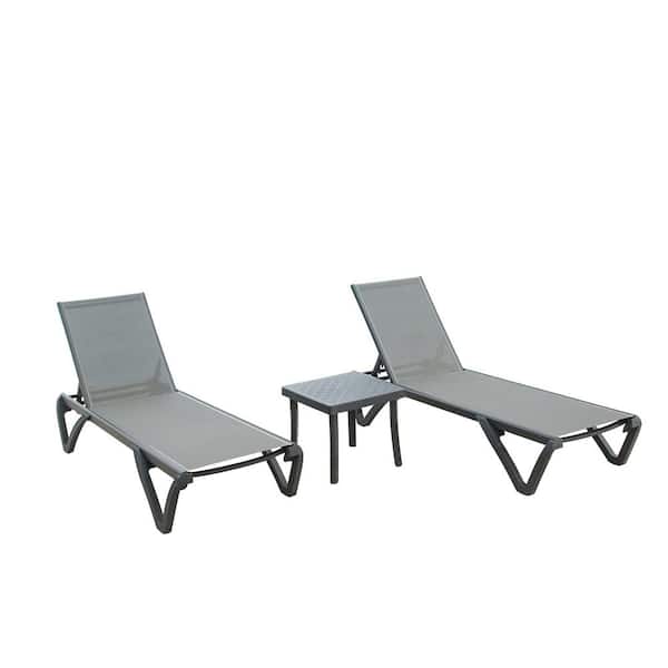 Unbranded Outdoor Aluminum Polypropylene Sunbathing Chair with 5 Adjustable Position?Grey, 2 Lounge Chair+1 Table