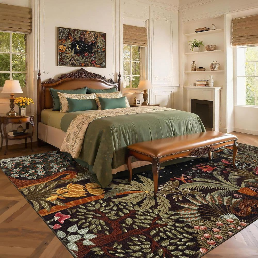 Brown 8 ft. x 10 ft. Jungle Plant Print Rug Machine Washable Ultra-Thin ...