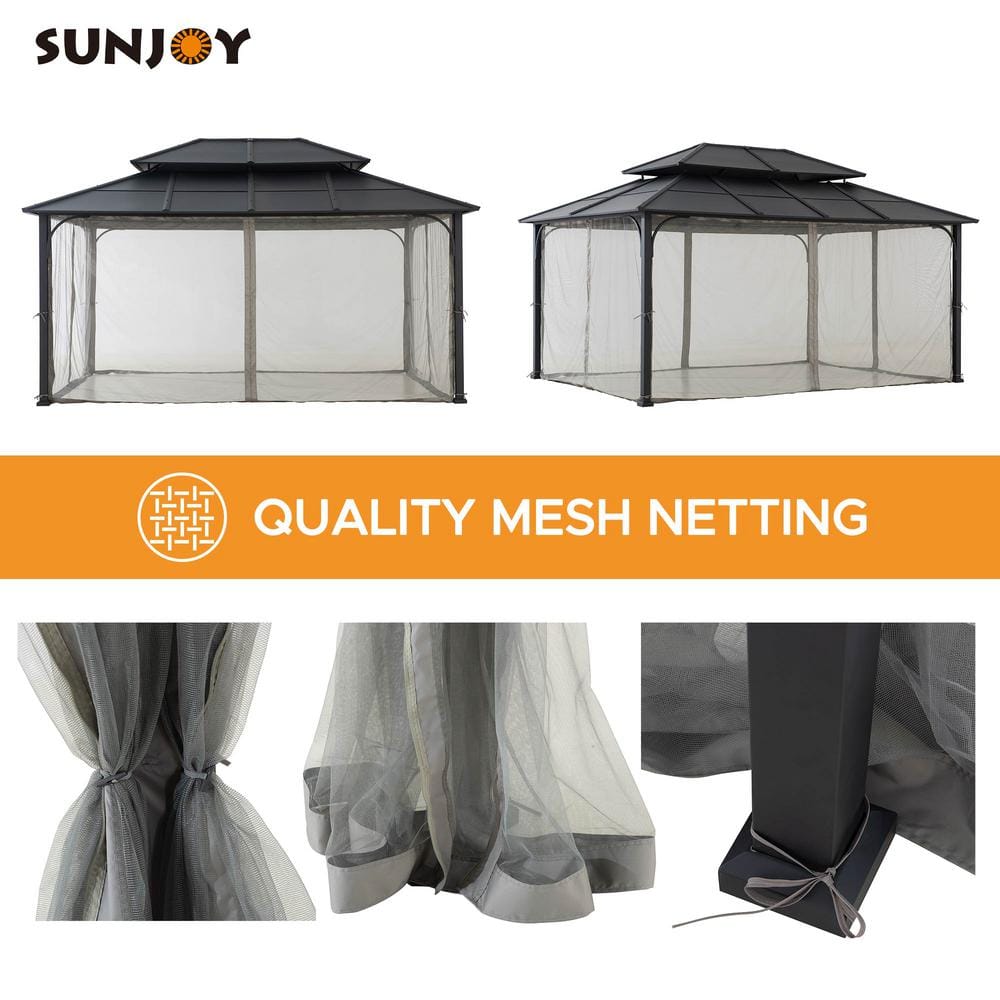Sunjoy 12 x 16 ft. Black Steel Hardtop Gazebo with Netting