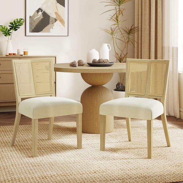 CHRISTOPHER KNIGHT HOME Sinclair Modern Upholstered Dining Chairs with Cane Webbing, Rubberwood, Light Ash plus Beige(Set of 2)