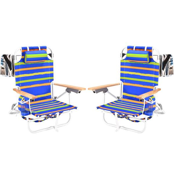 Unbranded 13 in. H 2-Pieces Navy Blue Aluminium Folding 5-Position Backpack Beach Chairs with Pouch and Beach Towels