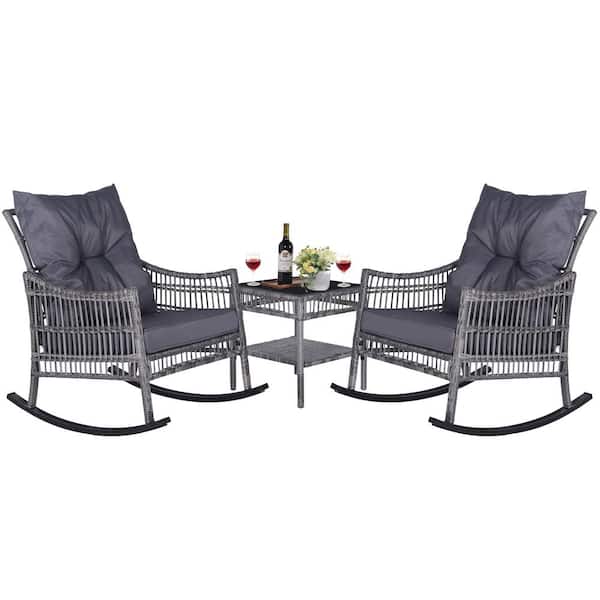 VEIKOUS Dark Grey Wicker Outdoor Rocking Chair Set with Grey Cushions, 2-Chairs and 1-Table