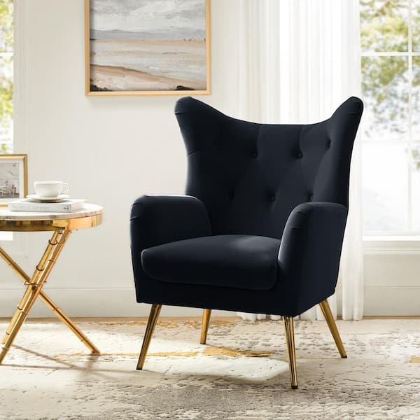 JAYDEN CREATION Jacob Black Tufted Accent Wingback Chair with Golden Base