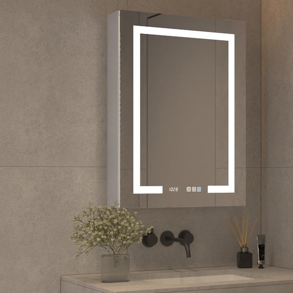 24.01 in. W x 32 in. H Rectangular Silver Aluminum Recessed/Surface Mount Right Medicine Cabinet with Mirror LED, Clock