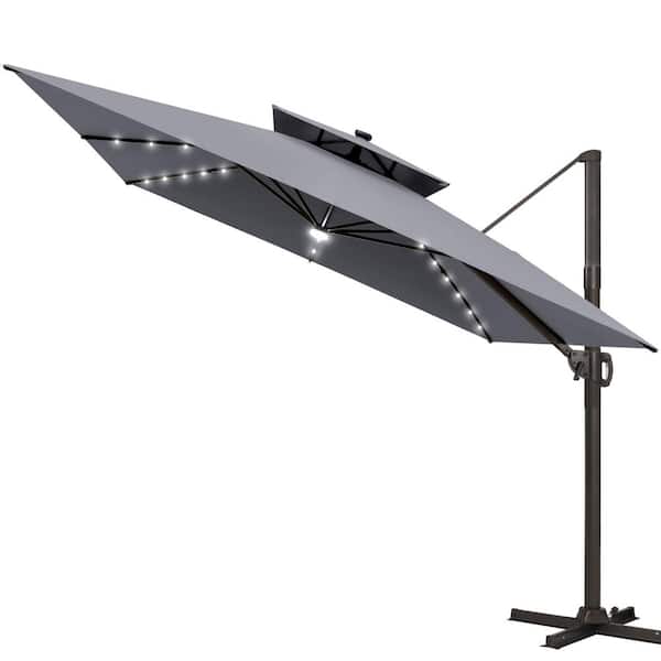 Pellebant Double Top 11 ft. 360° Rotation Cantilever Patio Umbrella with LED Lights, Square Canopy in Gray