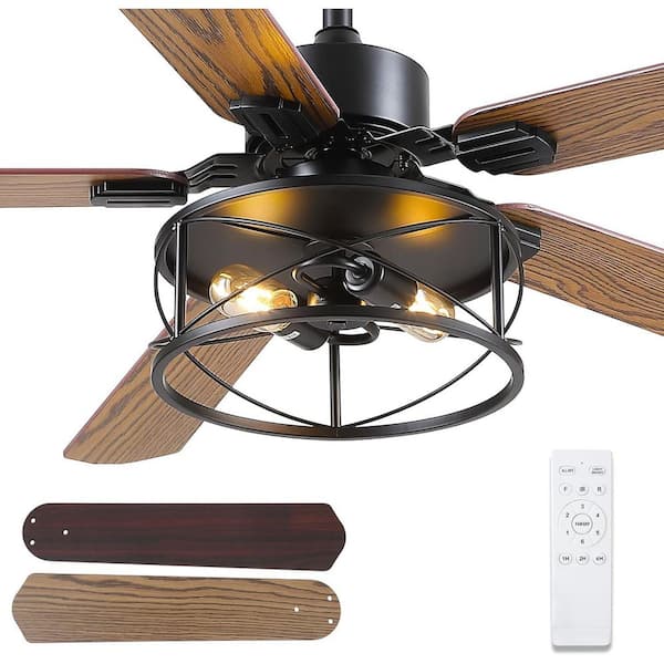 Kviflon 56 in. Indoor/Outdoor Farmhouse Industrial Caged Brown Ceiling Fan with Light and Remote