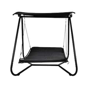 Metal Outdoor Patio Swing Hammock Bed with Canopy Textilene Cushion in Black