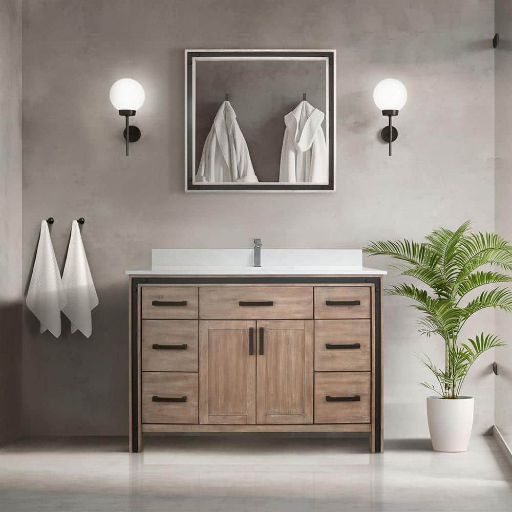 Ziva 48 in W x 22 in D Rustic Barnwood Bath Vanity, White Quartz Top, Faucet Set and 34 in Mirror -  Lexora, LVZV48SN211