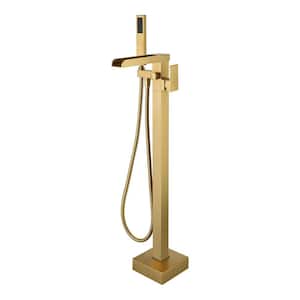 1-Handle Swivel Spout Freestanding Waterfall Tub Filler with Hand Shower in Brushed Gold