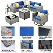 Metis 9-Piece Wicker Outdoor Patio Fire Pit Sectional Sofa Set and with Navy Blue Cushions and Swivel Rocking Chairs