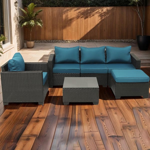 Unbranded 6-Piece Dark Coffee Rattan Wicker Patio Conversation Set with Peacock Blue Cushions, Loveseat, Coffee Table