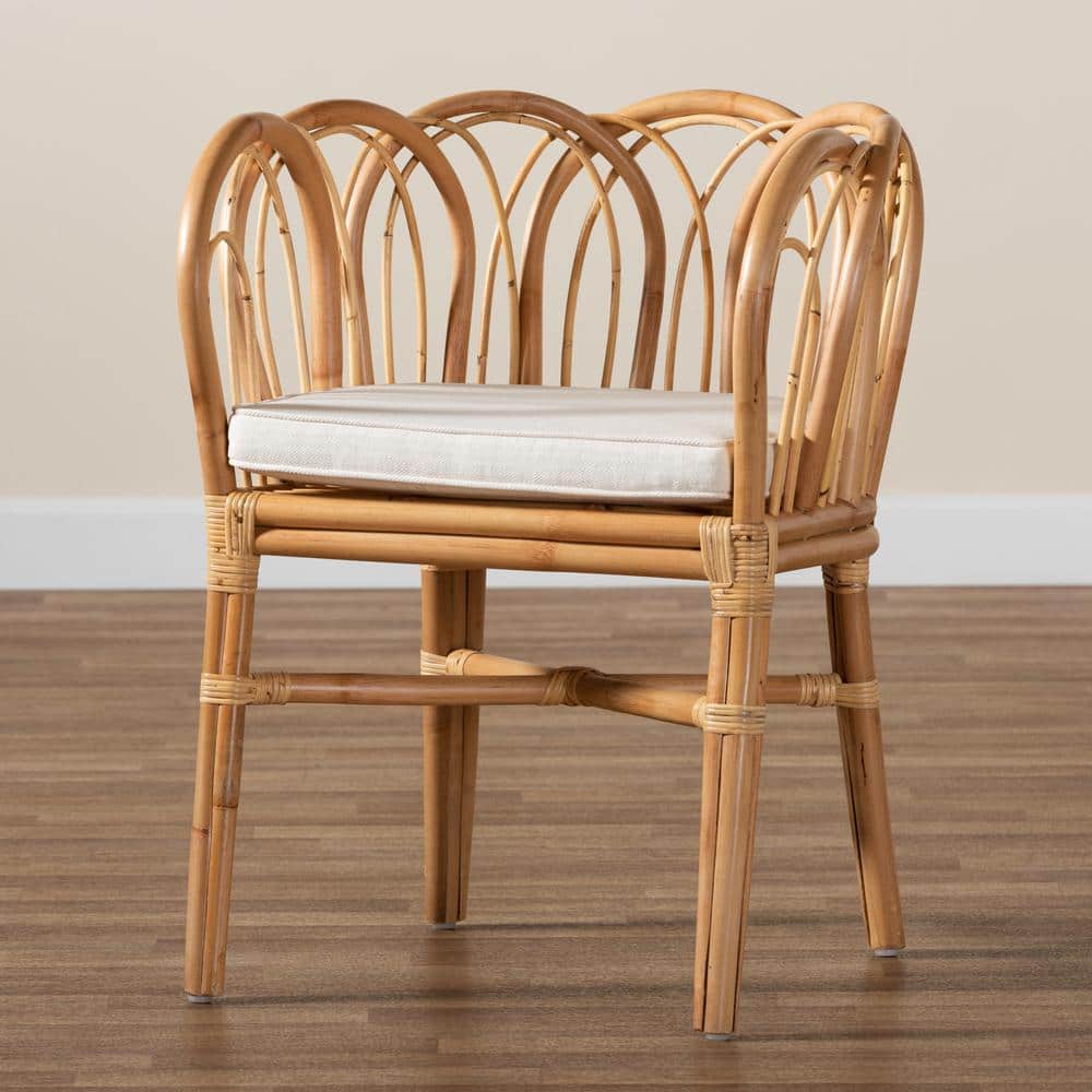 Natural Rattan and Cane Low Arm Chair with White Cushion