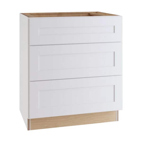 Home Decorators Collection Newport Pacific White Plywood Shaker Assembled Drawer Base Kitchen Cabinet 3 Drawer Sft Cl 30 in W x 24 in D x 34.5 in H
