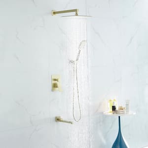 3-Spray Patterns 10 in. Wall Mount Dual Shower Heads Shower System with Tub Faucet in Brushed Gold