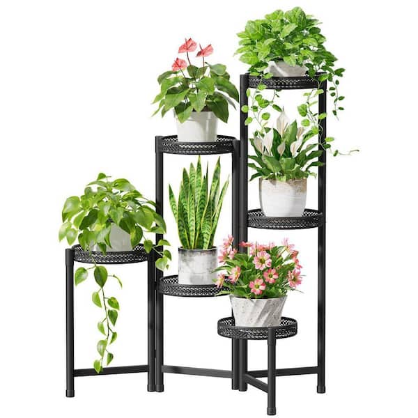 6 Tier Black Iron Plant Stand with Hollow Tray, Folding Tall