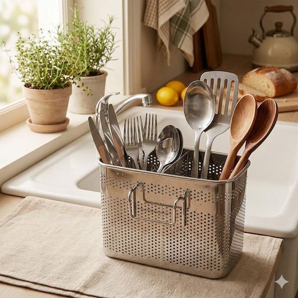 Silver Stainless Steel Kitchen Utensils Holder Basket with Hooks and 2 Compartments for Drying and Organizing