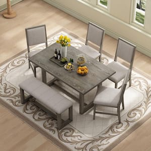 6-Piece Gray MDF and Oak Veneer Top Trestle Base Dining Table with 4-Upholstered Chairs and 1-Bench