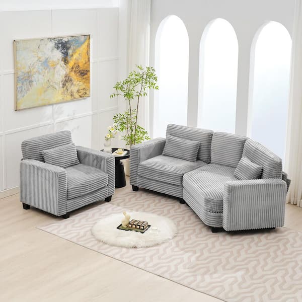 2-Piece Grey Curved Corduroy Velvet Living Room Sofa Set includes 2 Seater plus Single Sofa