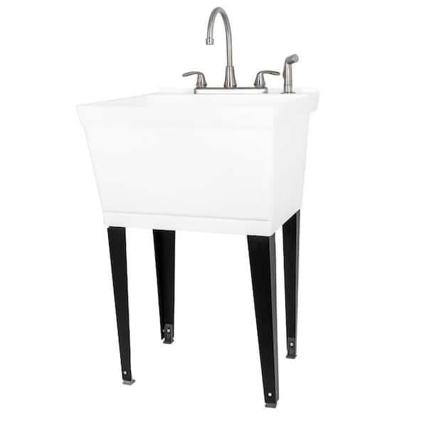 TEHILA Complete 22.875 in. x 23.5 in. White 19 Gal. Utility Sink with Metal Hybrid Stainless Steel Faucet and Side Sprayer